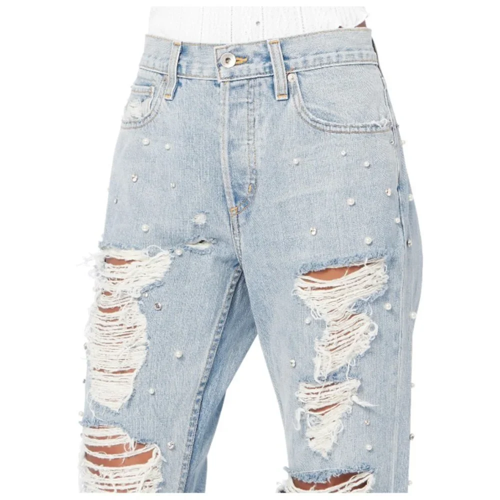Pearl Beaded Jonathan Simkhai Light Blue Distressed Jeans